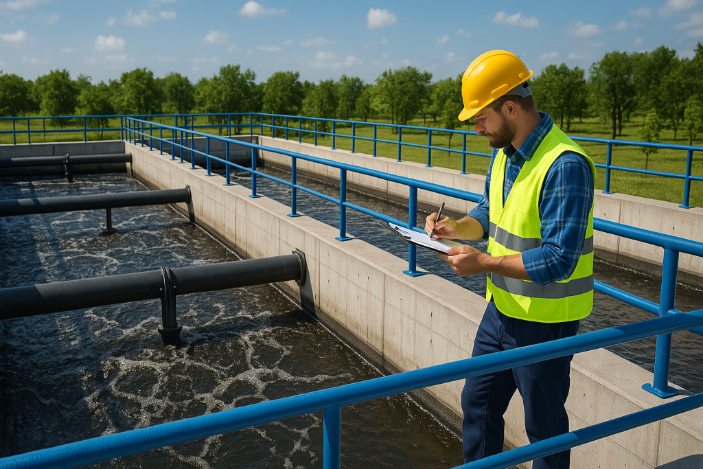 Kỹ sư Vinwater đang kiểm tra vận hành bể sinh học hiếu khí – trái tim của hệ thống xử lý nước thải sinh hoạt.
