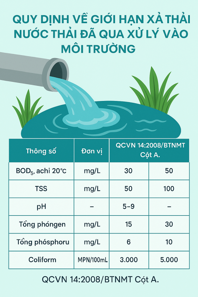 Bảng quy định giới hạn các chỉ tiêu ô nhiễm trong nước thải sau xử lý – đảm bảo an toàn khi xả thải ra môi trường.